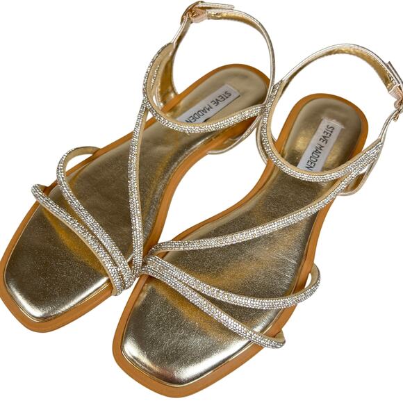 Steve Madden Kelley Gold Flats Sandals Women's 9 Strappy Metallic Rhinestones - Picture 1 of 7
